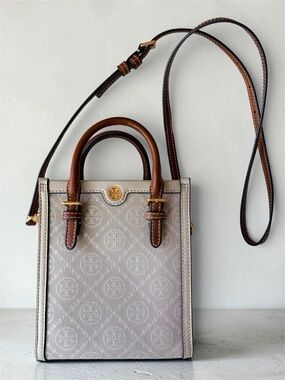 Tory Burch Cream Canvas Mini Tote with Brown Leather Trim